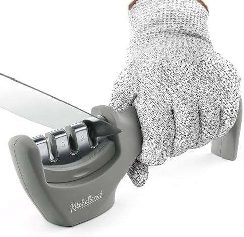 4-in-1 Kitchen Knife Accessories: 3-Stage Knife Sharpener Helps Repair, Restore and Polish Blades and Cut-Resistant Glove