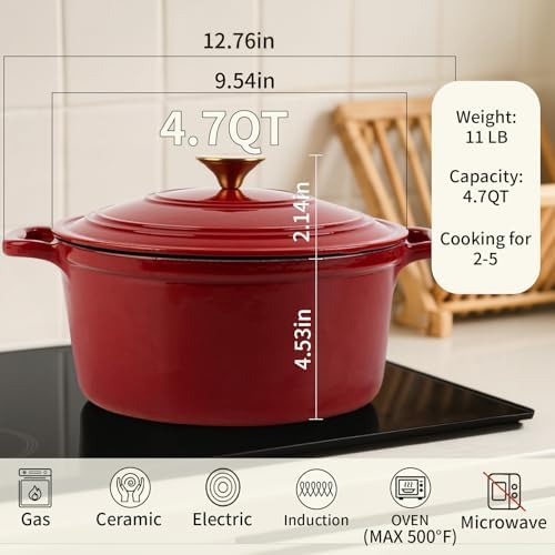 Enamel Cast Iron Dutch Oven with Lid, Round Casserole Pot for Bread Baking, Braising, Roasting, and Stews, Heavy-Duty, Oven Safe, Induction Compatible (4.7QT,Red)