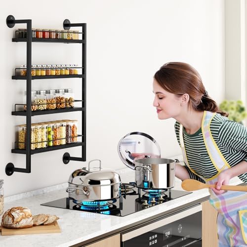 IBUYKE 4 Tier Spice Rack Wall Mount for Kitchen,Black TLJ016B