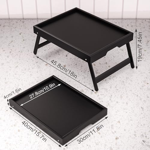 Fibogollo 4 Pack Bamboo Bed Tray Table with Folding Legs,Breakfast Trays,Serving Tray,Laptop Trays for Working,Food Snack Tray for Bed and Sofa(Black)