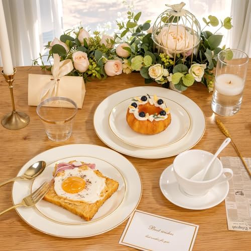 PULOTE 100PCS Ivory Plastic Plates - Cream Plastic Disposable Heavy Duty for Party & Wedding - Include 50 Each (Dinner & Dessert) Plates