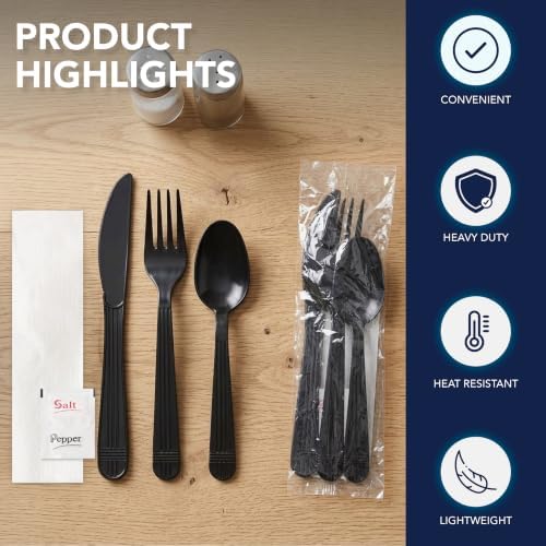 Party Essentials Individually Wrapped Plastic Cutlery Packets/Heavy Duty Silverware Kits, Fork/Spoon/Knife/Napkin/Salt/Pepper, 50 Utensils Sets, Black