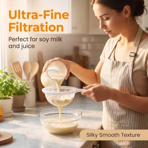 200 Mesh Ultra Fine Nylon Kitchen Strainer with Handle,Food Grade PP & Nylon Fine Mesh Sieve,Heat Resistant Dishwasher Safe Filter for Soy Milk, Juice,Coffee,Yogurt,Honey,Baking & Cooking