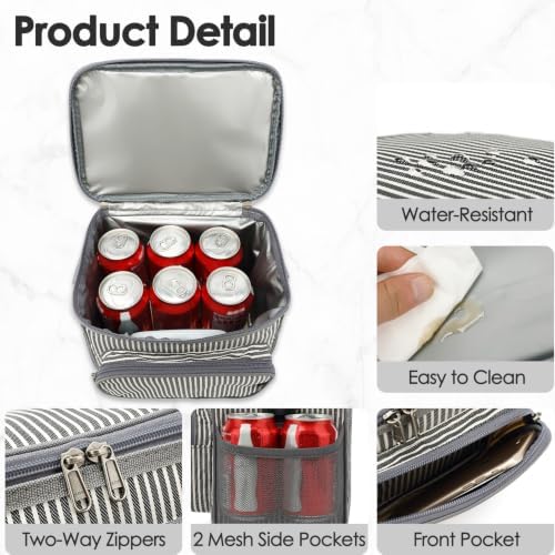 FlowFly Insulated Reusable Lunch Bag Adult Large Lunch Box for Women and Men with Adjustable Shoulder Strap,Front Zipper Pocket and Dual Large Mesh Side Pockets,Stripes