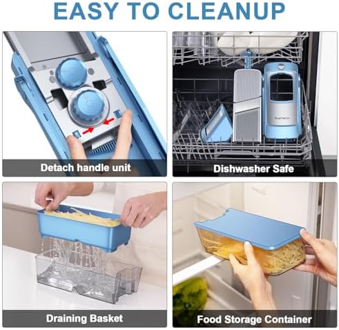 SupMaKin Upgrade Safe Mandoline Slicer,Multi Vegetable Chopper,Potato Slicer, Onion Chopper with Drain Basket Storage Container, Cheese Grater Kitchen Chopping Artifact (BlueGray)