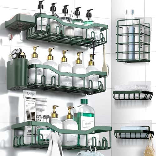 NESOMI Shower Caddy Adhesive Shower Organizer 8-Pack, Rustproof Stainless Steel Bathroom Shelves, Large Capacity No-Drill Rack Storage Accessories with Soap Dish Toothbrush Holder Hooks