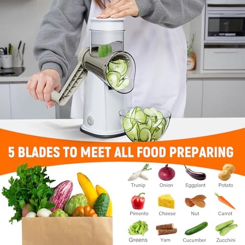 Rotary Cheese Grater Hand Crank, 5-in-1 Vegetable Chopper Spiralizer Slicer
