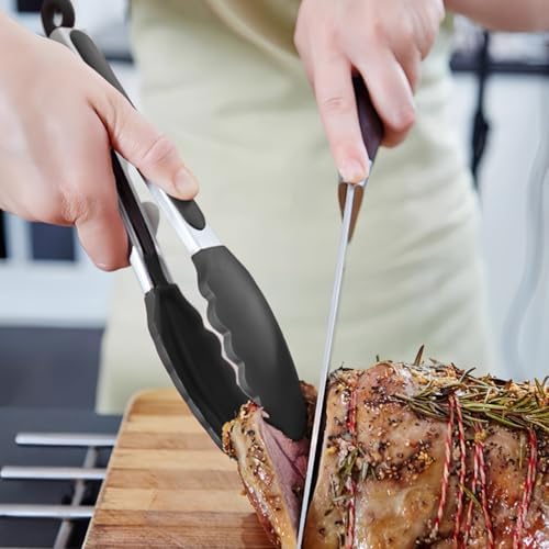 Kitchen Tongs for Cooking with Silicone Tips, 3 Size Serving Tongs, Black