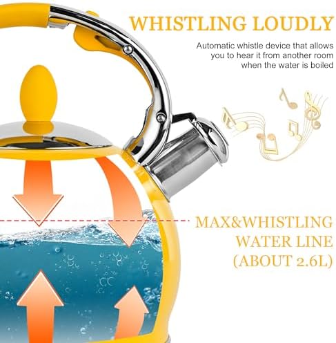 SUSTEAS Whistling Tea Kettle, 2.7QT Food-Grade Steel Teapot, YELLOW