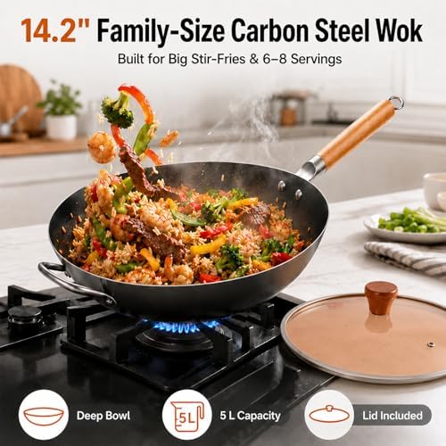 WANGYUANJI 14.2" Carbon Steel Wok with Lid, Flat Bottom Chinese wok