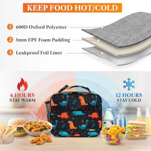opux Insulated Lunch Bag for Kids, Reusable Lunch Box for School, Dinosaur