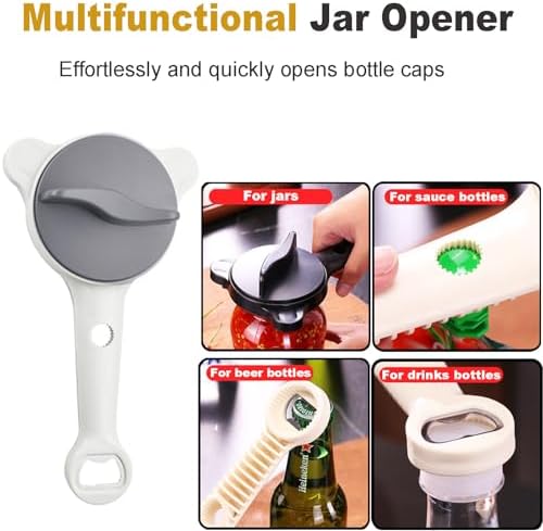 4-in-1 Multi-Functional Retractable Jar & Bottle Opener, Adjustable Stainless Steel Jar Opener for Seniors & Arthritis Sufferers,Suitable for 1''-3.5'' Jars, Bottles, Cans,Beer Caps (Grey)