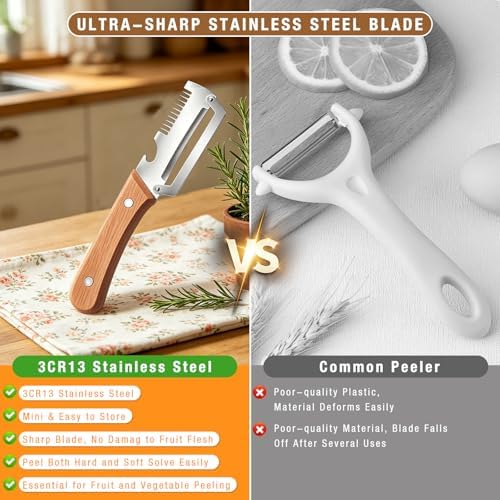 2Pcs Multifunctional Vegetable Peeler,Zero Snag Wooden Peeler,Zero Snag Wooden Kitchen Tool with Grater Bottle Opener,3 in 1 Kitchen Gadgets Stainless Steel Peelers for Pumpkin Potato Carrot Apple