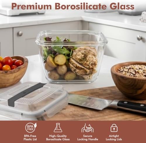 Razab 2700ml / 91oz / 11.5 Cups Large Glass Food Storage Container with Lid - Leakproof Glass Meal Prep Container for Roasting & Storing Leftovers, Glass Lunch Container, Microwave & Oven Safe