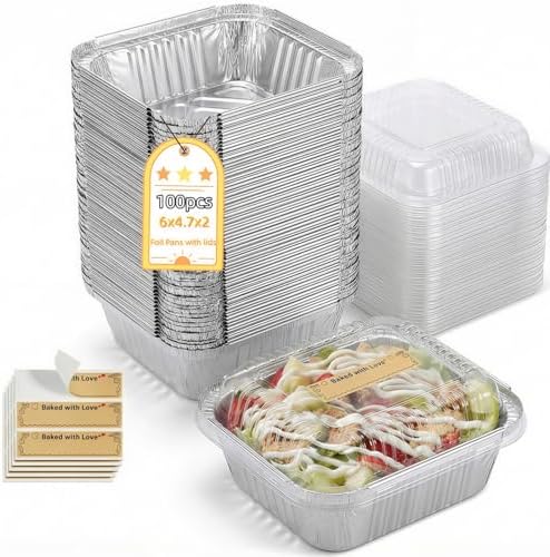 Gyreuni 100 Pack Mini Aluminum Loaf Pans with Lids Kit,6" X 4.7" X 2"