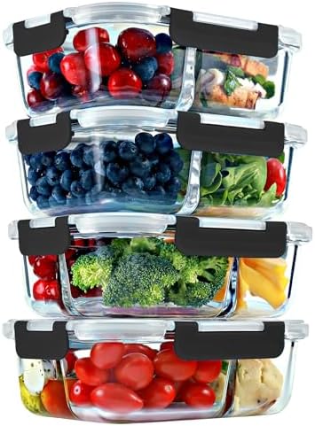 Glass Meal Prep Containers 2 and 3 Compartments, Leak-Proof, 32 oz, 4 Pack
