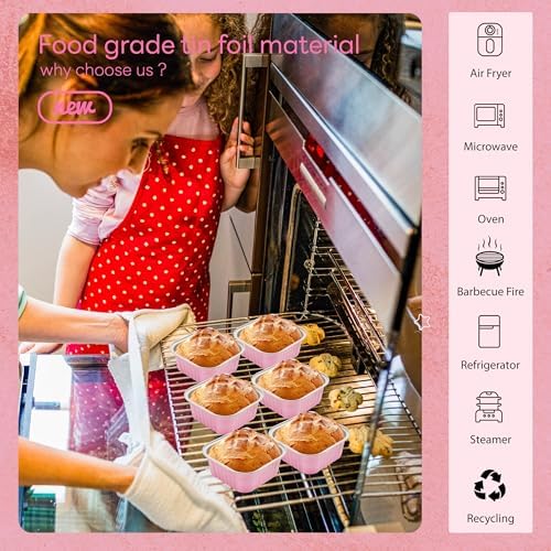 NPLUX 50 Pcs Mini Square Baking Cups with Lids and Spoons Aluminum Foil Mini Cake Pans with Lids Disposable Ramekins Cake Pans Dessert Cups for Wedding Birthday Party(Pink,10oz) (Pack of 2)