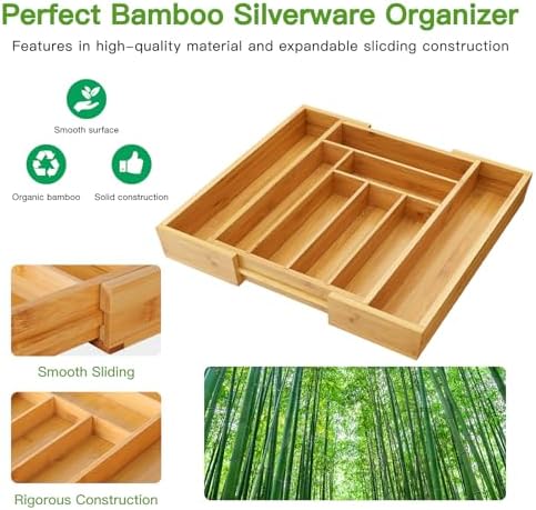 Pipishell Bamboo Expandable Silverware Drawer Organizer, Adjustable Kitchen Utensil Tray for Forks, Spoons and Knives, Wood Storage Cutlery Holder for Bedroom and Living Room