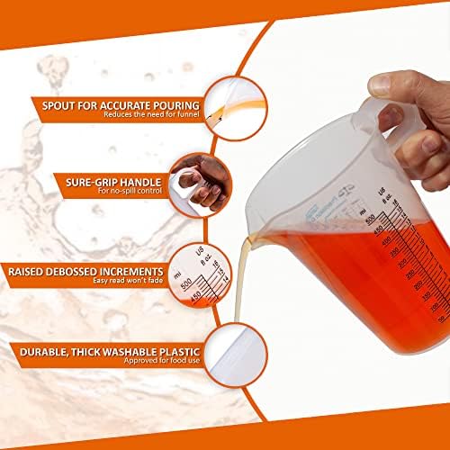 16oz, 1 Pint (2 cup) Measure Pitcher - Convenient Conversion Chart – Multi Purpose Food Grade Great for Cooking, Hobbies, Shop Oil, Fluids, Pool Spa and Lawn with High Chemical Resistance by Turnah