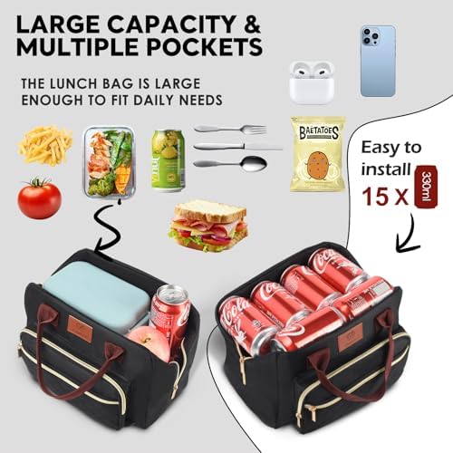 Genteen Lunch Box for Women Men,Insulated Adult LunchBox for Women,Reusable Cute Lunch Bags for Work,High Capacity Cooler Bag Tote for Work Teens Girls Office Travel Picnic School-Black