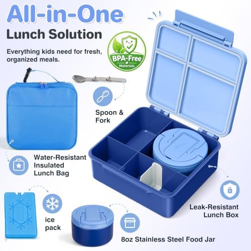 Bento Lunch Box with 8oz Soup Thermo,Kids Leakproof 4 Compartment Lunch Food Containers with Sauce Cup and Ice Pack,Kids Thermo Insulated Hot Food Jar and Lunch Bag for School,Trvael-Blue