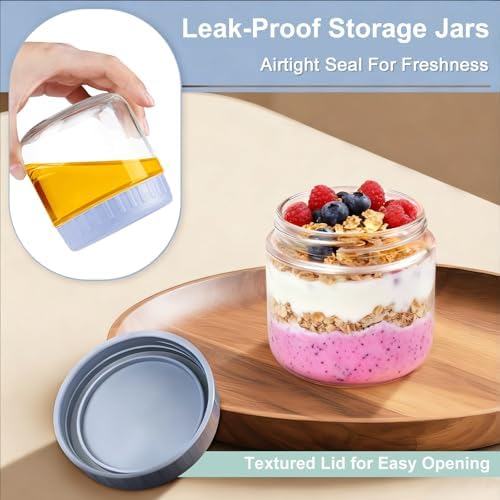 Overnight Oats Containers with Lids, 10oz Wide Mouth Mason Jars with Lids, 9 Pack Glass Jars with Airtight lid for Chia Pudding Yogurt Salad, Meal Prer Oatmeal Jars, Blue