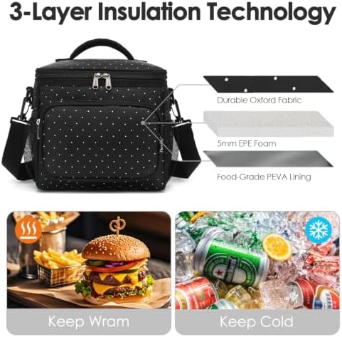 FlowFly Insulated Reusable Lunch Bag Adult Large Lunch Box for Women and Men with Adjustable Shoulder Strap,Front Zipper Pocket and Dual Large Mesh Side Pockets,Dot