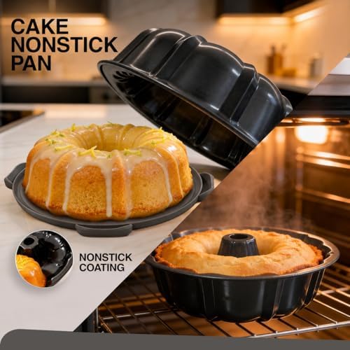 10in Buntz Cake Pan Non Stick & 12in Cake Carrier with Lid-Handle, Gray