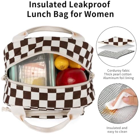 Lunch Bag Women Lunch Box for Women Adult Cute Insulated Lunch Bag Small Cooler Lunch Tote Bags for Work Picnic School (Coffee-White Plaid)