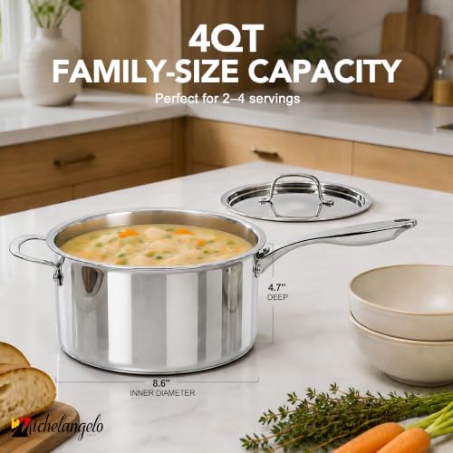 MICHELANGELO 4 Quart Stainless Steel Saucepan with Lid & Helper Handle