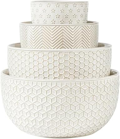 Ceramic Mixing Bowls, Embossed Nesting Bowls Set of 4, Mixing Bowl Set for Serving, Baking, Cooking and Gift, Microwave and Dishwasher Safe, 20/47/99/148 oz, Off-White