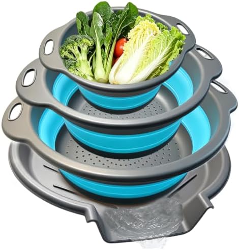 Collapsible Colanders Food Strainers, 3-Pack Foldable Kitchen Strainers with Over-Sink Water Draining Tray, Space Saving Kitchen Drainer for Vegetables, Fruit, Pasta and Rice (Blue-Gray)