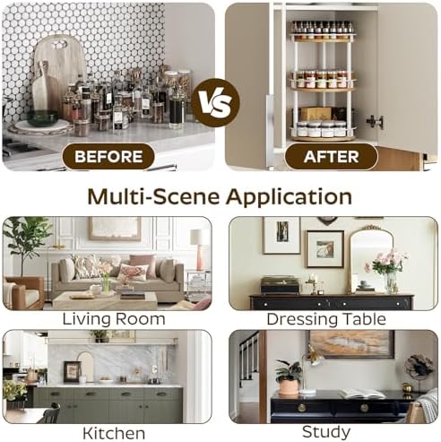 YATINEY 3-Tier Lazy Susan Organizer, Rotating Spice Rack, Spinning Organizer, Industrial Turntable Spice Rack Organizer for Cabinet, Kitchen Countertop, Pantry, White and Natural SR23WN