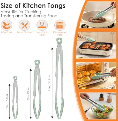 HOTEC Stainless Steel Kitchen Tongs with Silicone Tips, Set of 3-7",9" &12"