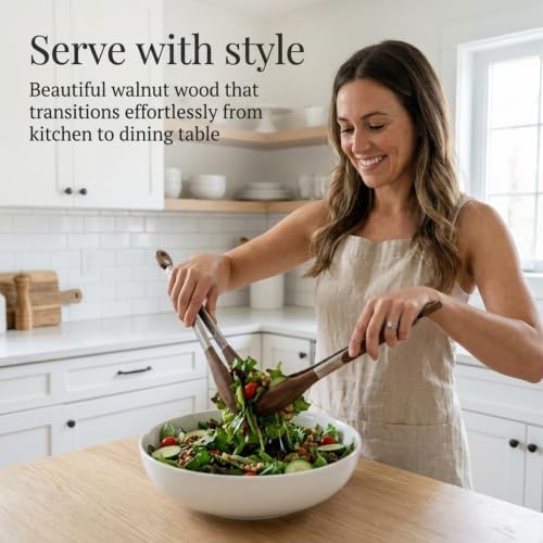 Salt & York 11-Inch Walnut Wood Tongs, Long Handle Kitchen Tongs for Cooking, Salad, Pasta, and Grilling, Farmhouse Style Kitchen & Cookware, Ideal for Entertaining, Wedding and Housewarming Gift