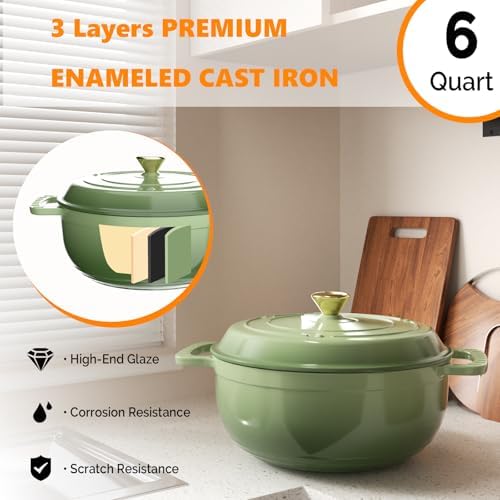 Bonnlo 6QT Round Dutch Oven, Enameled Cast Iron Dutch Oven Pot with Lid & Dual Handles, Oven Safe Up to 500° F, for Sourdough, Bread Baking, Stews and Roasting, Green