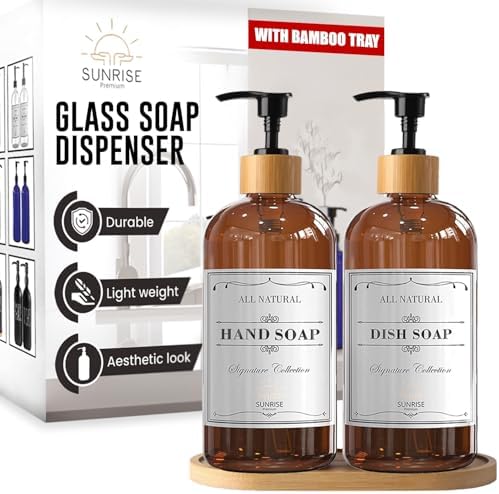 Sunrise Premium Amber Glass Soap Dispenser, Bamboo Pump with Tray, 2 Pack