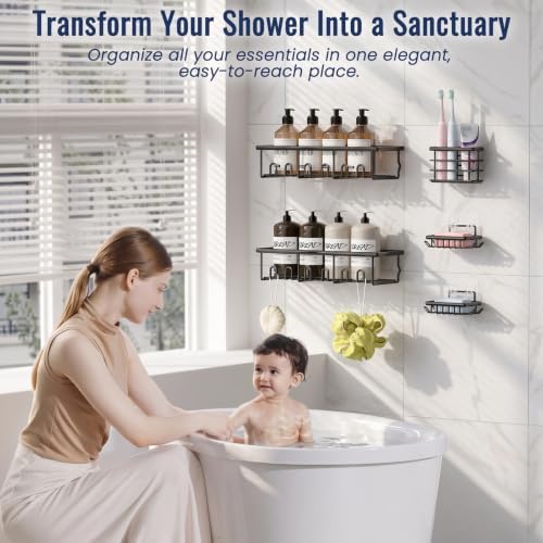 5 Pack Adhesive Bathroom Holders & Dispensers for Kids & Adults, Black
