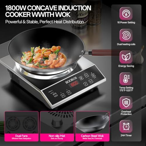 BOOROS 1800W Induction Wok Cooker, Concave Burner with 13.8" Wok