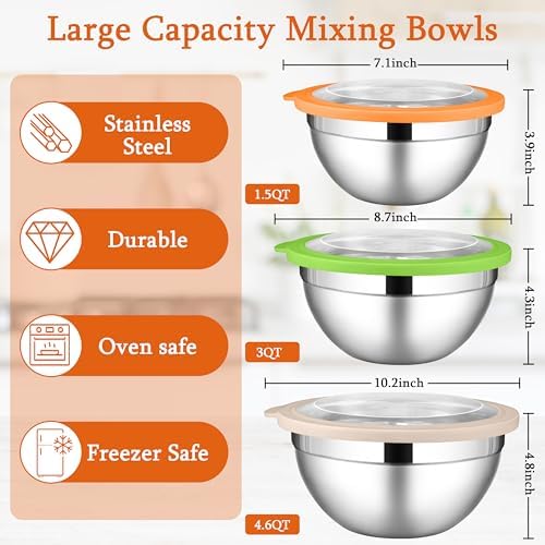 LIANYU Mixing Bowls with Lid Set of 3, Stainless Steel Metal Mixing Bowls