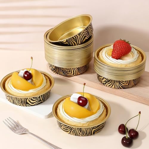 Beasea Aluminum Foil Ramekins, 100 Pack 7.3oz 215ml Disposable Baking Pie Cups Only, 4 Inch Mini Ramekin No Lids Tart Tin Mold Cupcake Baking Cups for Party - Tiger Stripes