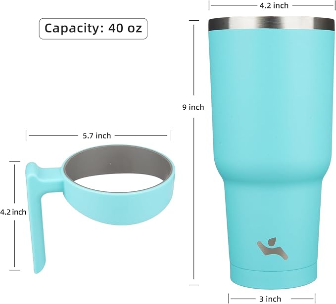 40 oz Tumbler with Handle and 2 Straw 2 Lid, Insulated Water Bottle Stainless Steel Vacuum Cup Reusable Travel Mug,Turquoise