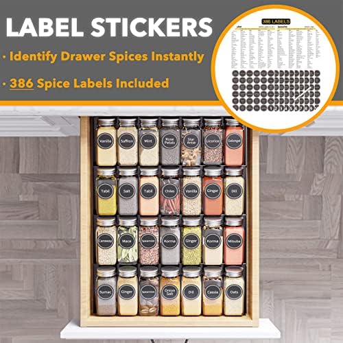 SpaceAid Spice Drawer Organizer with 28 Spice Jars, 386 Spice Labels, 4 Tier Seasoning Rack Tray Insert for Kitchen Drawers, 13" Wide x 17.5" Deep (Pack of 2)