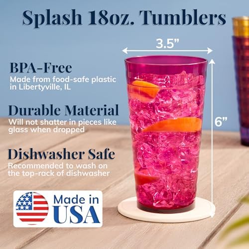 US Acrylic Splash [Set of 16] 18 ounce Plastic Stackable Water Tumblers in Jewel Tone Colors Value Set of Drinking Cups, Reusable, BPA-free, Made in the USA, Top-rack Dishwasher Safe