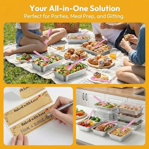50 Pack Aluminum Loaf Pans with Lids Stickers and Spoon,6" X 4.7" X 2" Small Tin Foil loaf Pans Disposablb Foil Baking Tins Trays for Food Containers/Cakes/Bread