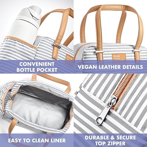 Fit & Fresh Insulated Leakproof & Stain-Resistant Large Lunch Box For Women With Expandable Bottle Pocket, Laketown Lunch Bag Gray Stripe