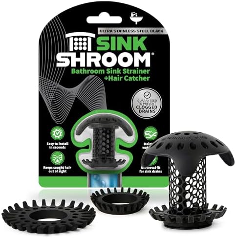 SinkShroom Ultra Bathroom Sink Drain Protector, Stainless Steel, Matte Black, Hair Catcher with Multiple Drain Adapters