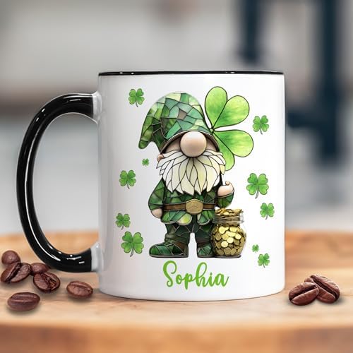 Hyturtle Personalized Gnome Mug - Cute Gnome Gift For Women - Lucky Gift For Gnome Lover - Gnome St. Patricks Day Decorations - Gnome Gifts - Custom Name Coffee Cup Ceramic Mug 11oz 15oz