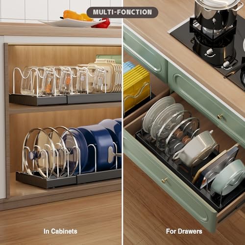 Magheo Expandable Food Storage Container Lid Organizers, 22" Pots and Pans Organizer Under Cabinet with 9 Adjustable Dividers Pot and Pan Lid Holders Rack Inside Cabinet(Black,1 Pack)