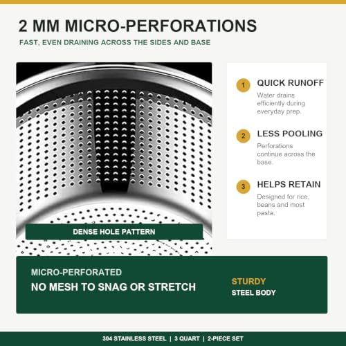 304 Stainless Steel Microporous Colander Set - 3QT Large Capacity Kitchen Strainer, Dishwasher Safe for Vegetable/Fruit/Rice Washing & Cooked Pasta Draining （2PC)
